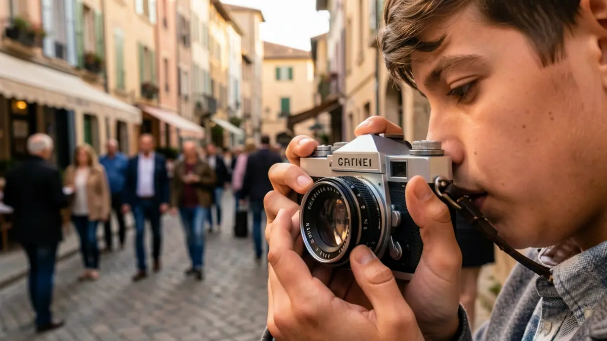 Generic image of hands holding a vintage camera, with a blurred background of an urban neighborhood in Southern France.
