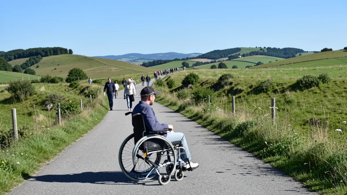 Une personne en fauteuil roulant teste un sentier accessible dans le paysage de l'Aubrac.