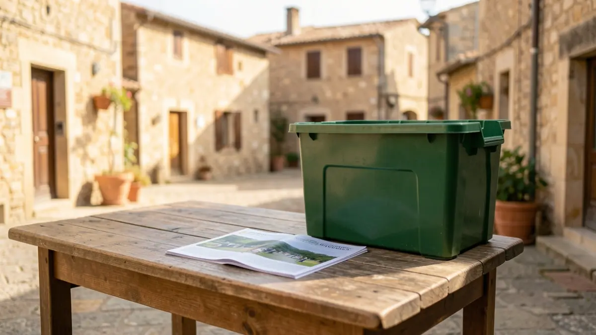 Generic image of a wooden table with a compost bin and a guide.