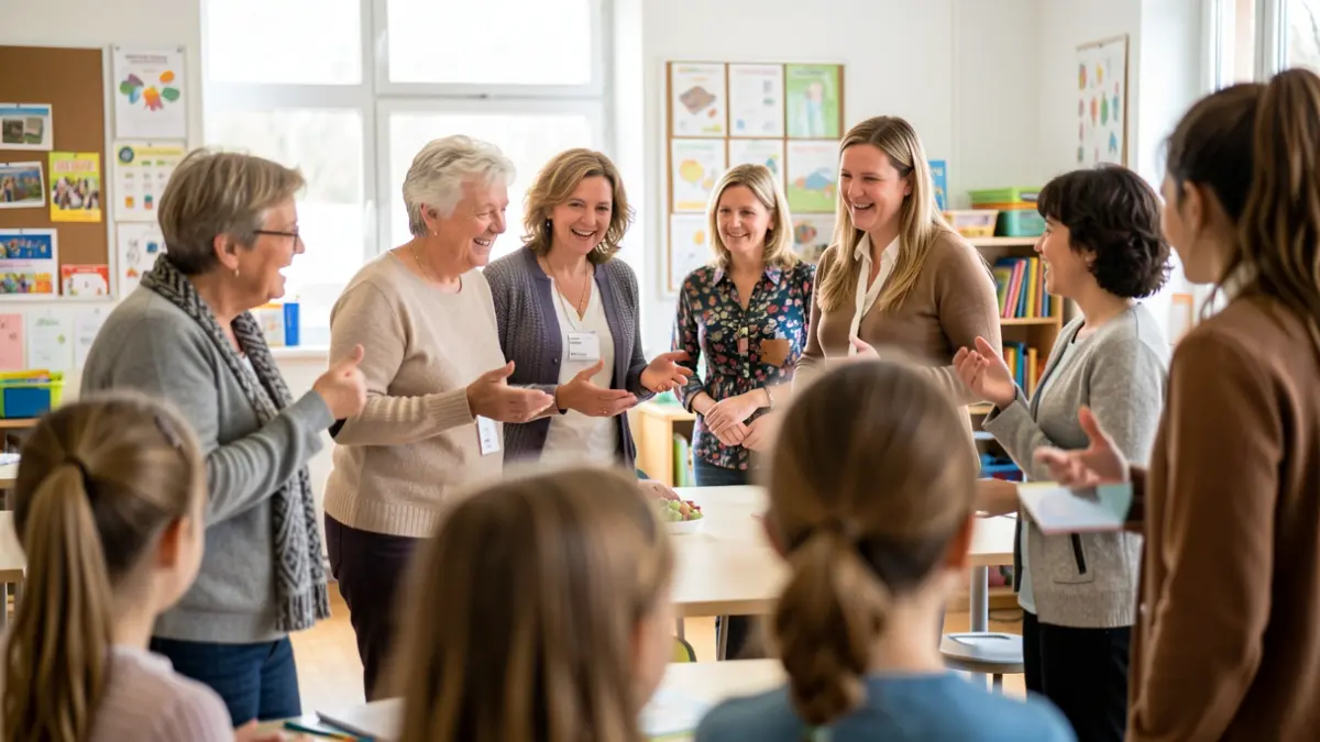 Image générique de bénévoles interagissant avec des élèves dans un cadre éducatif.