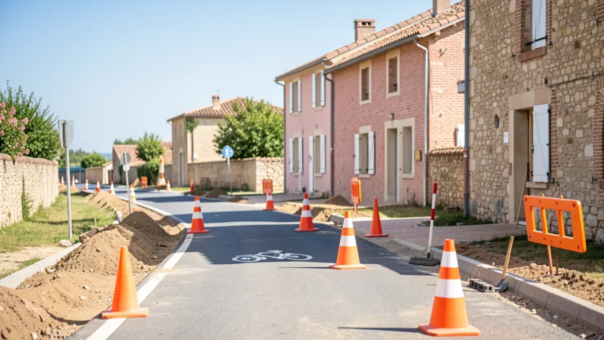 Image générique de travaux routiers avec des cônes et des barrières sur la RD 813, dans un style architectural du Sud-Ouest de la France.