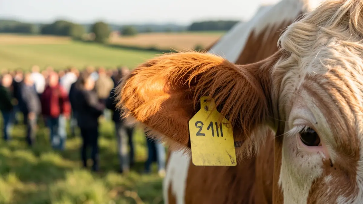 Gros plan sur une boucle d'oreille bovine avec un paysage agricole flou en arrière-plan.