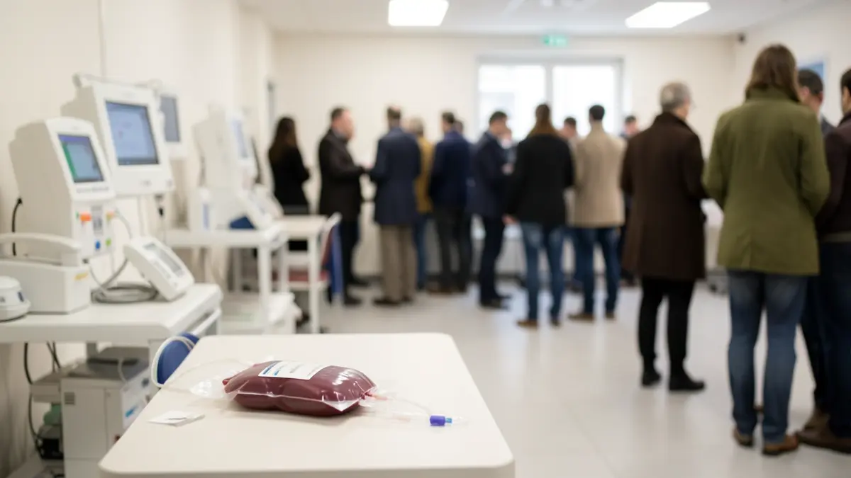 Image générique d'un centre de don du sang avec une poche de sang sur une table et du matériel médical flou en arrière-plan.