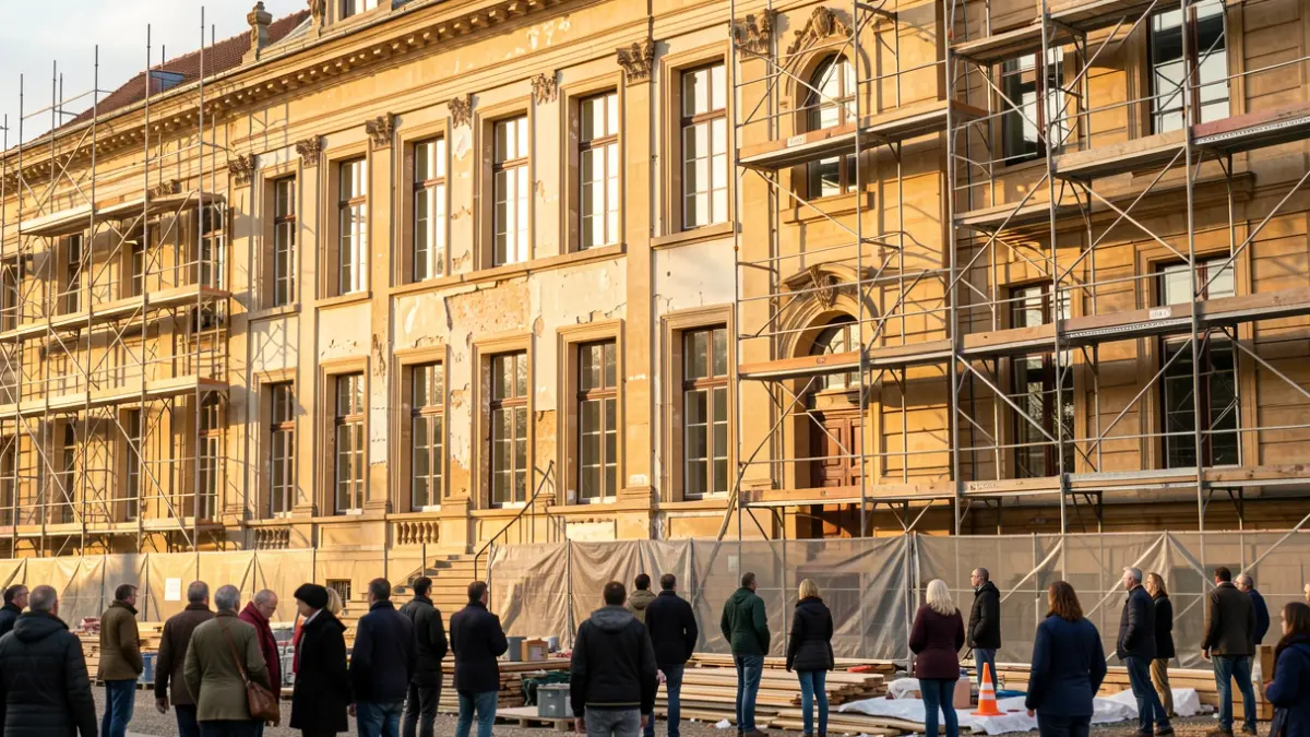 Image générique de la façade d'un bâtiment scolaire en cours de rénovation énergétique, avec des échafaudages et des matériaux de construction visibles, sous un soleil d'après-midi.