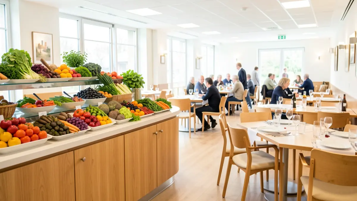 Interior of a bright EHPAD dining hall with a buffet of fresh, local, and organic products.
