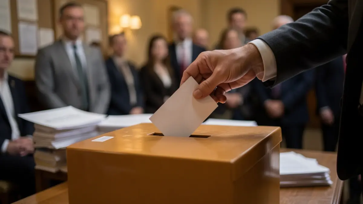 Generic image of a ballot box with a hand dropping a vote, in a softly lit room with blurred background of official-looking documents.