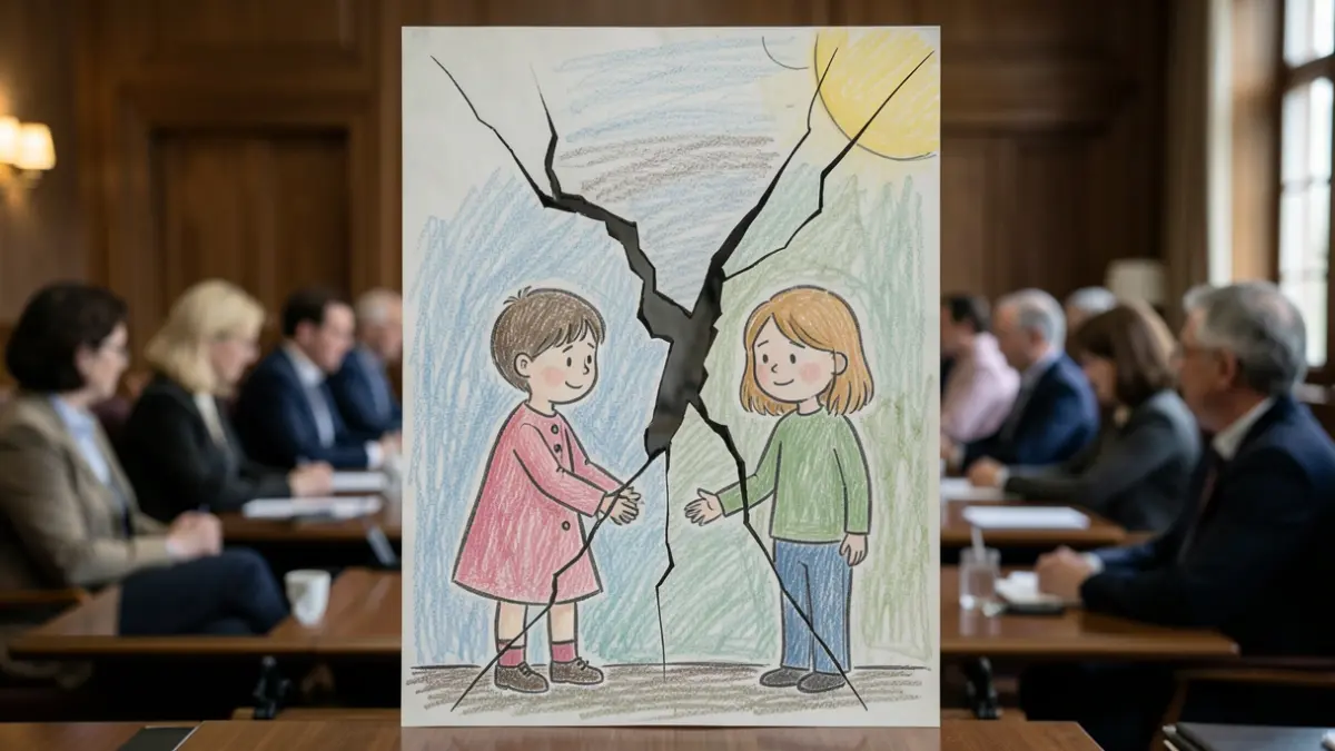 Symbolic image of a child co-victim of domestic violence, with a drawing of a broken family against a blurred conference room background.