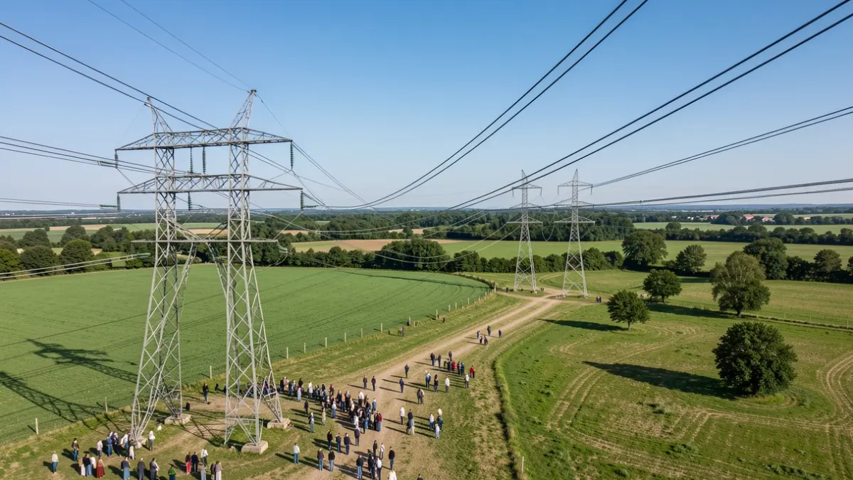 Image générique de pylônes électriques et de lignes à haute tension traversant un paysage rural.