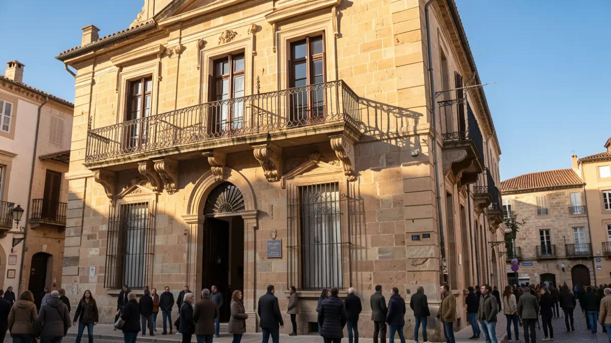 Generic image of a stone town hall facade in southern France, with an ornate balcony and a blue sky.