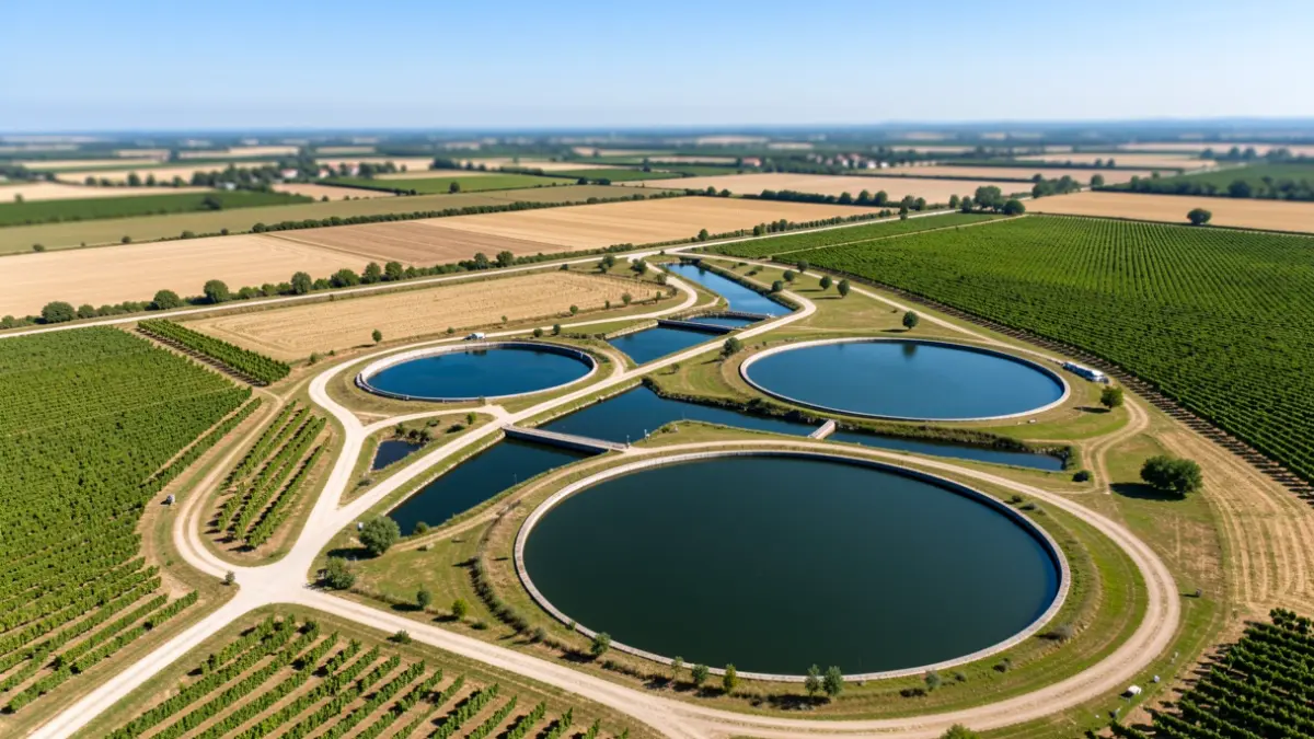 Image générique d'un réseau d'irrigation et de bassins de stockage dans un paysage rural d'Occitanie.