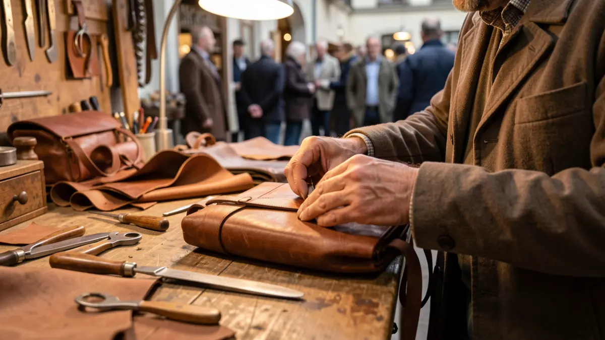 Close-up of an artisan's hands working on a leather bag in a workshop.