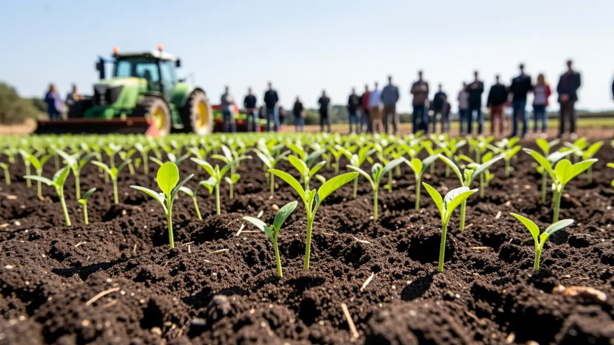 Jeunes pousses de légumes bio dans un champ d'expérimentation agricole en Occitanie.