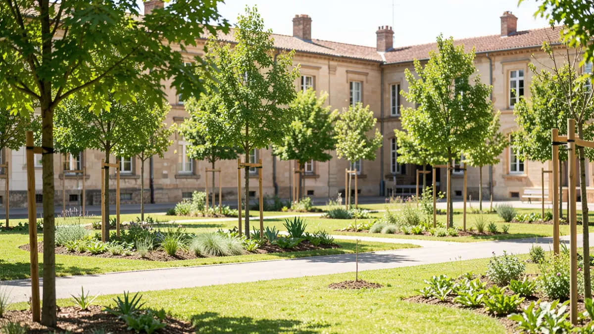 Image générique de la cour d'une école en cours de végétalisation, avec des arbres et des espaces verts remplaçant l'asphalte.