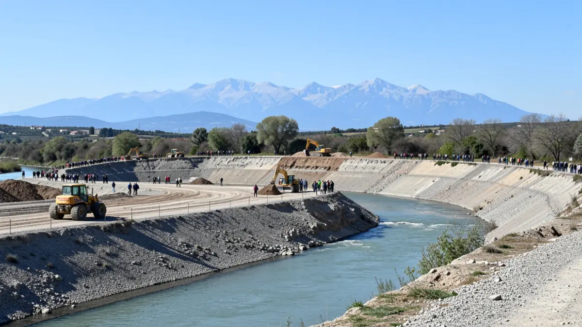 Restoration site of a former gravel pit in Estagel, with construction equipment and a partially removed embankment near the Agly river.