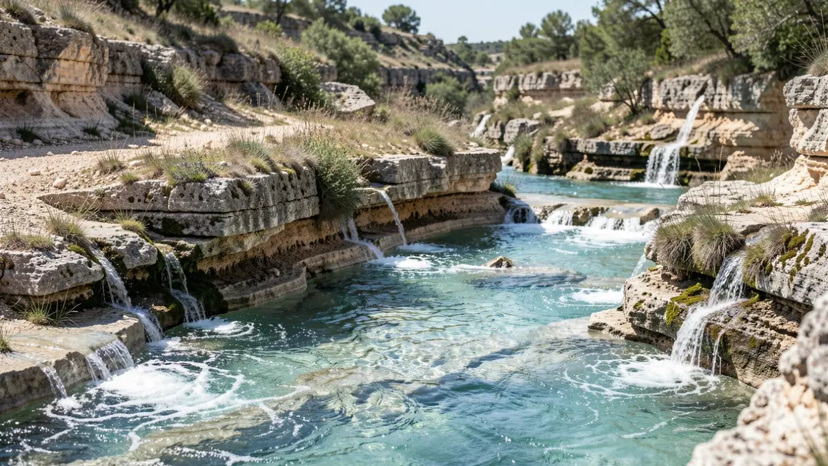 Image générique d'un paysage karstique avec visualisation du flux d'eau souterraine, montrant l'infiltration dans les rivières et l'émergence dans les sources, avec des strates géologiques visibles. Région Occitanie, sud de la France, lumière du jour claire.