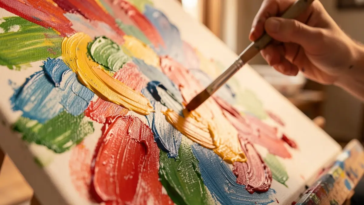Gros plan sur des touches de peinture colorées et des textures sur une toile, représentant la création artistique et l'échange. Lumière douce et chaude, faible profondeur de champ. L'accent est mis sur la matière et le geste de la peinture.