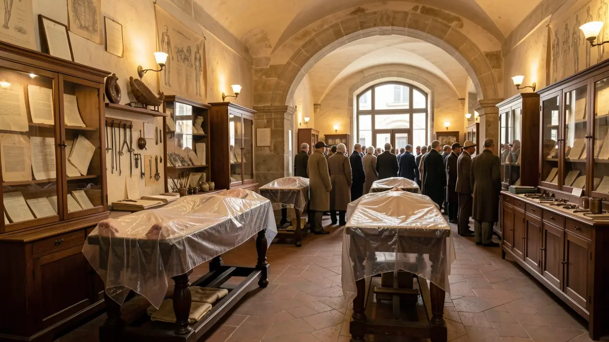 Intérieur de la salle de dissection historique de la Faculté de médecine de Montpellier, avec des archives étudiantes de l'entre-deux-guerres.