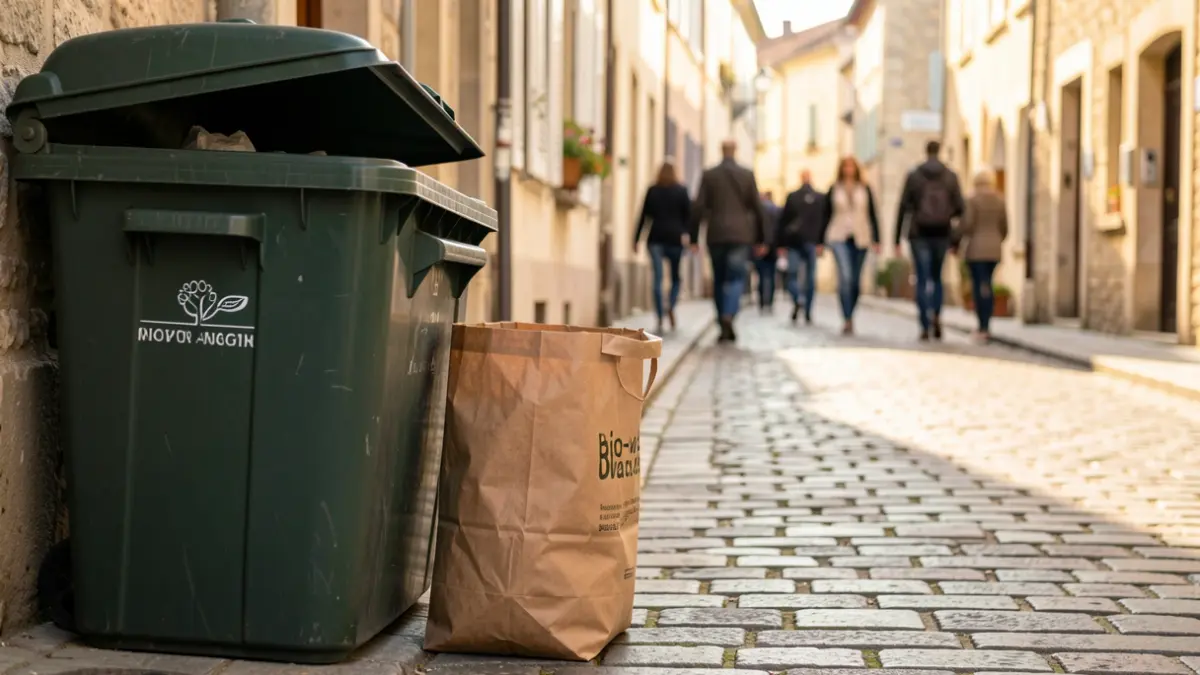 Close-up of a bio-waste bin with a kraft paper bag next to it, on a stone-paved sidewalk in a small French town, warm afternoon sunlight.