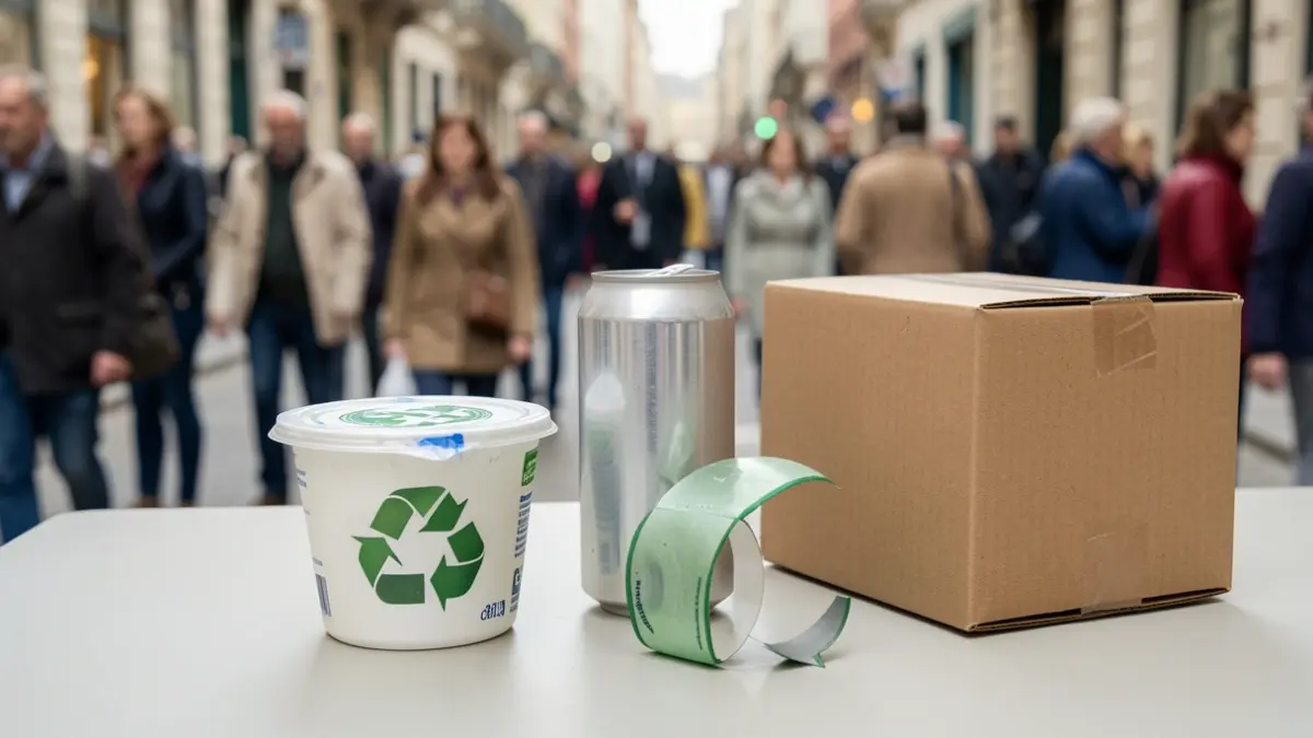 Generic image of recyclable materials: a plastic yogurt pot, an aluminum can, and a cardboard box.