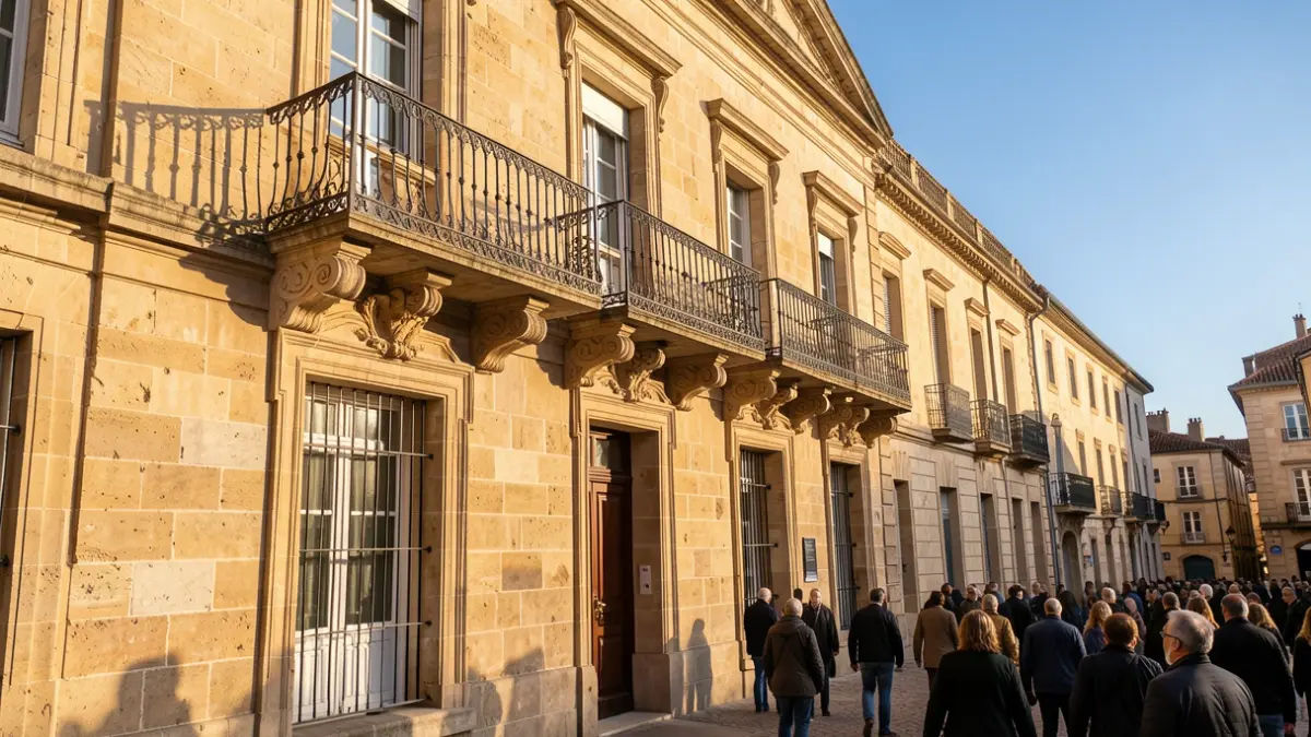 Image générique de la façade en pierre d'un hôtel de ville d'Occitanie avec balcon orné et balustrade en fer forgé, lumière chaude de l'après-midi.