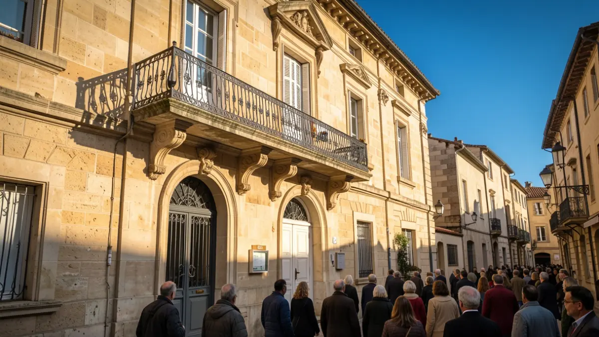 Image générique de la façade d'un bâtiment municipal avec un balcon orné et des barreaux en fer, sous un soleil d'après-midi.