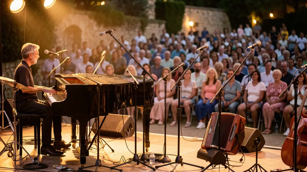 Generic image of a concert stage with musical instruments, warm lights, and a blurred audience.