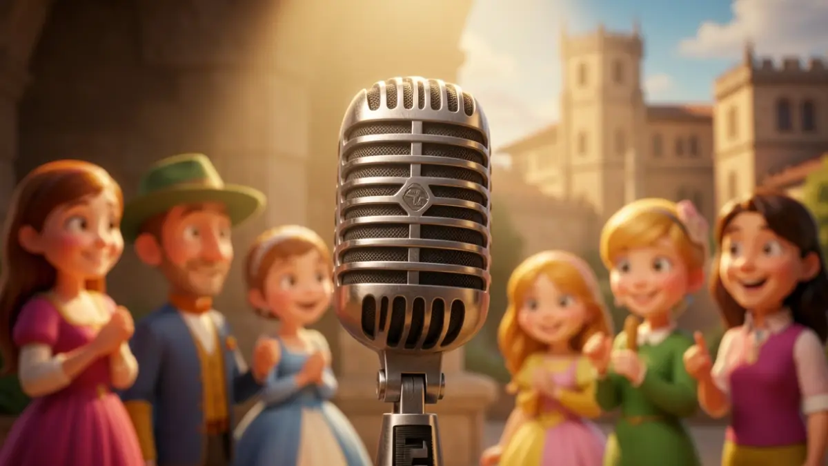 Generic image of a vintage microphone on a blurred background of colorful animated film characters, warm spotlight, cinematic lighting, Southern France architecture.
