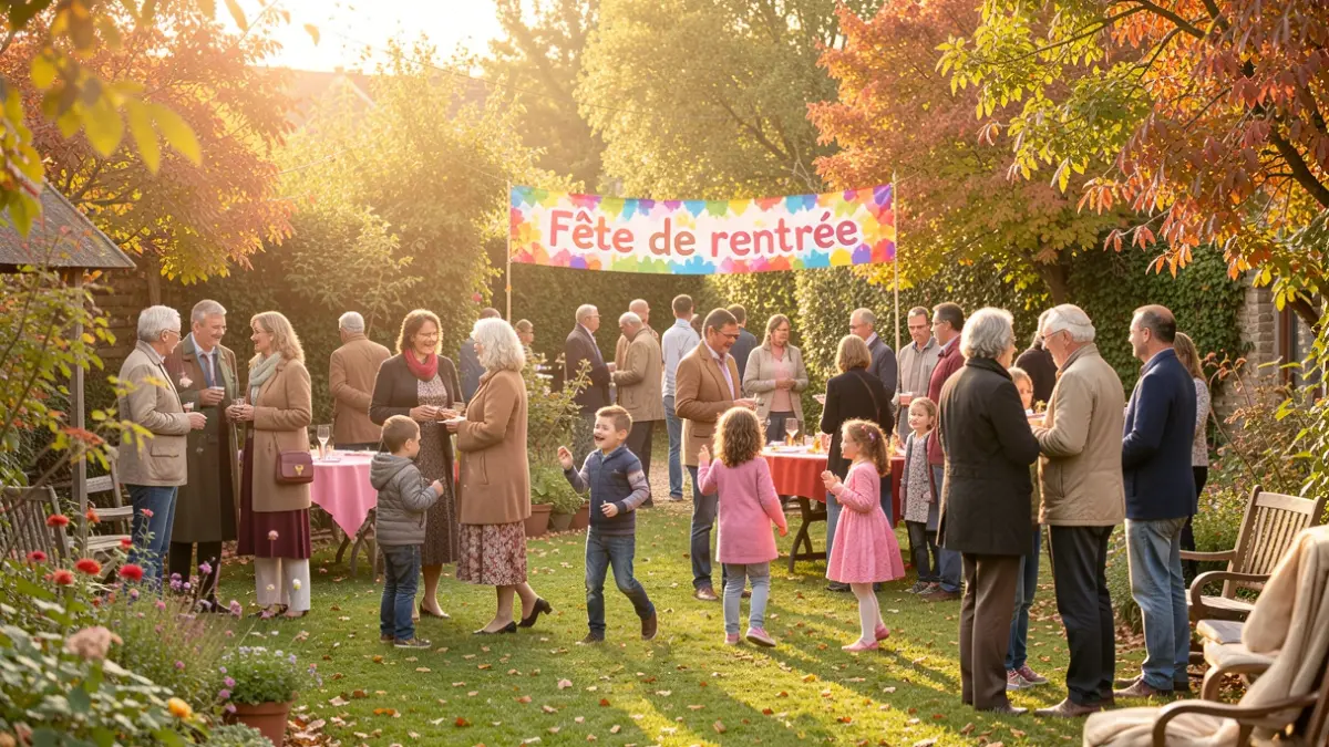 Generic image of a back-to-school celebration in a garden, with happy families and children.