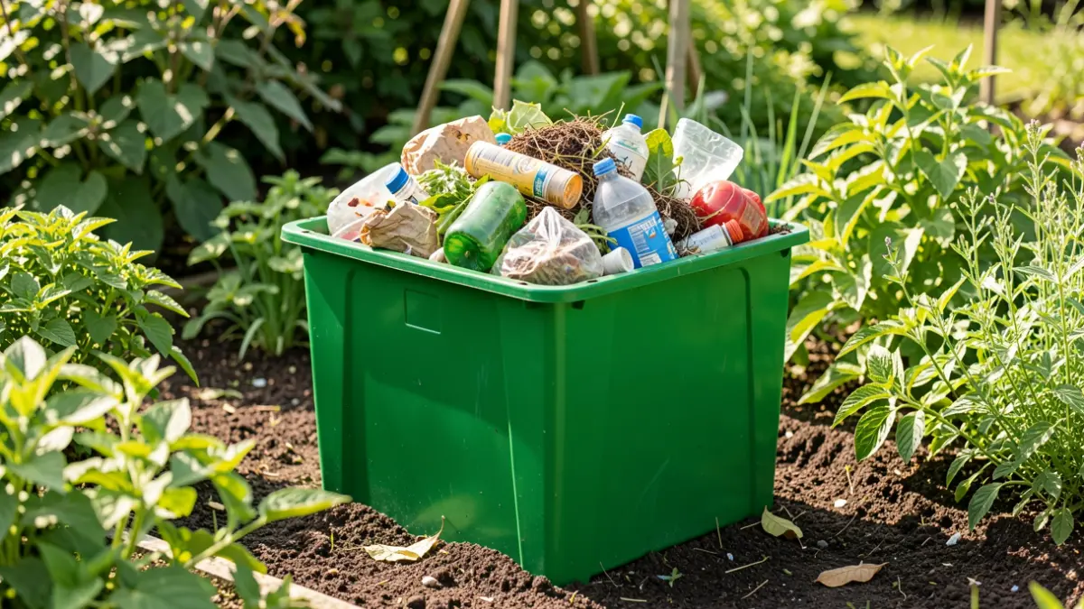 Compost bin overflowing with organic waste in a sunny garden, symbolizing the promotion of biodéchets.