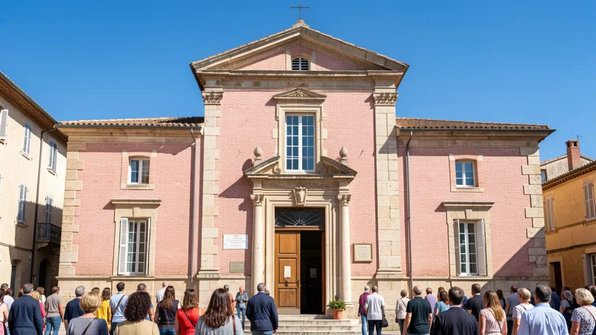 Image générique de la façade d'un hôtel de ville dans le Sud de la France, avec des détails en brique rose et pierre, sous un ciel bleu dégagé. L'architecture est typique de la région Occitanie. Aucun texte ni personne visible.