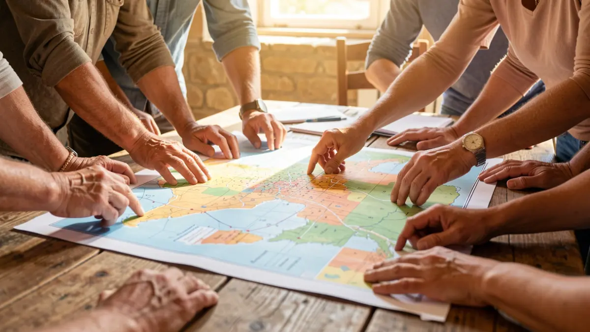 Generic image of collaborative hands working on a map.