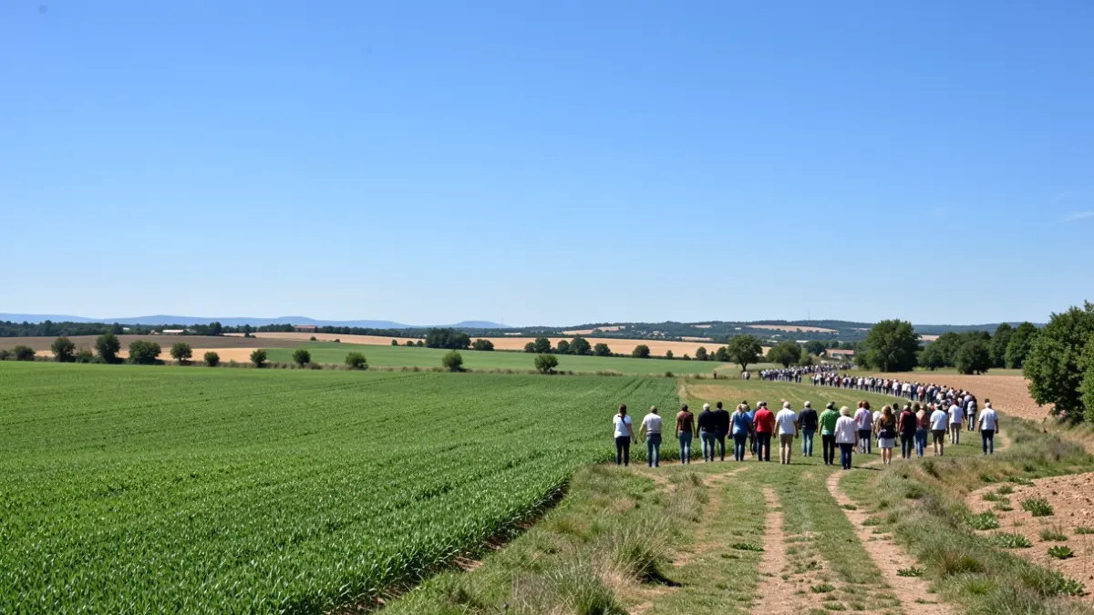 Clear blue sky over a rural landscape in Occitanie, with green fields and distant hills.