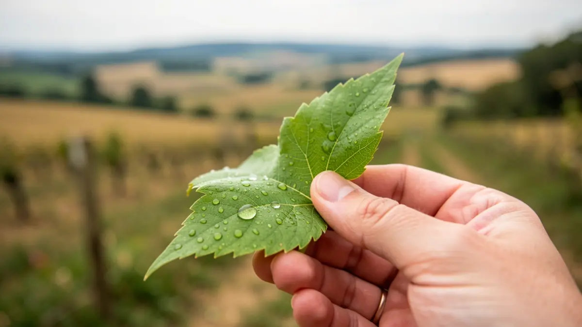 Main tenant une feuille verte avec des gouttes de rosée, symbolisant la santé environnementale.