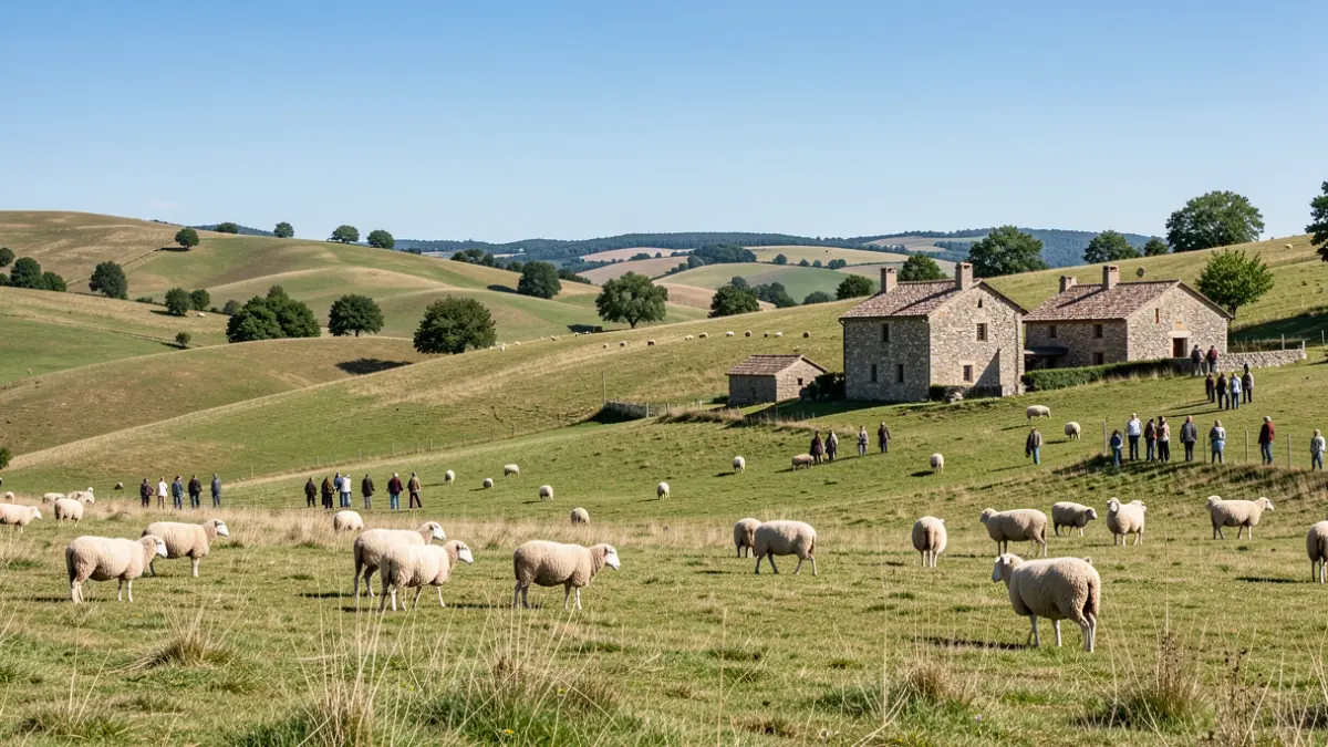 Pastoral landscape of Causses and Cévennes with hills, sheep, and stone farmhouses.