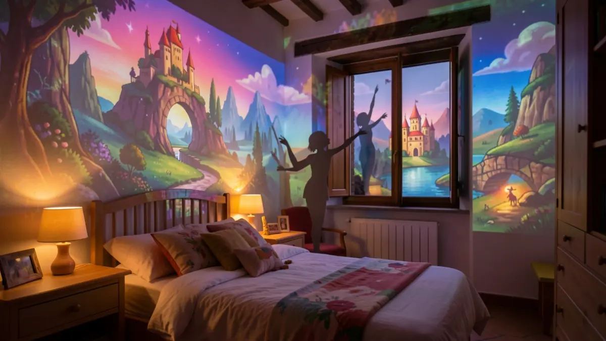 Image générique d'une chambre d'enfant transformée par des projections lumineuses et des danses, évoquant l'imaginaire avant le coucher.
