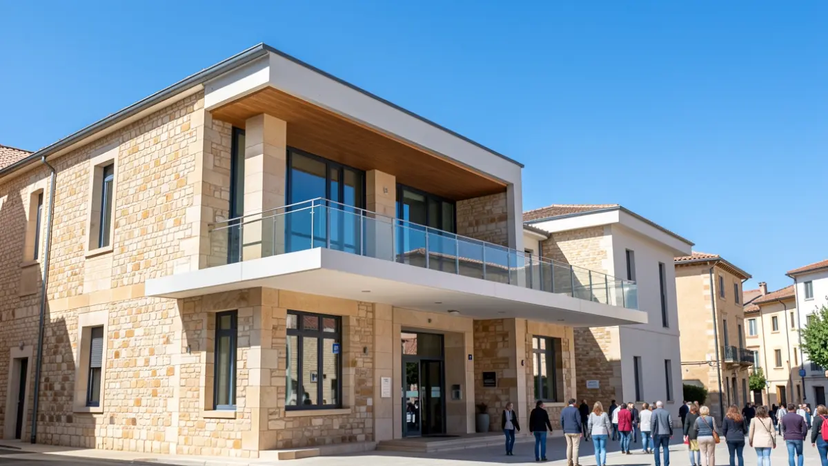Generic image of the facade of a modern town hall in Occitanie, with a large balcony and clear blue sky. The architecture features local stone and a contemporary design. Bright daylight, clean lines, no people visible.