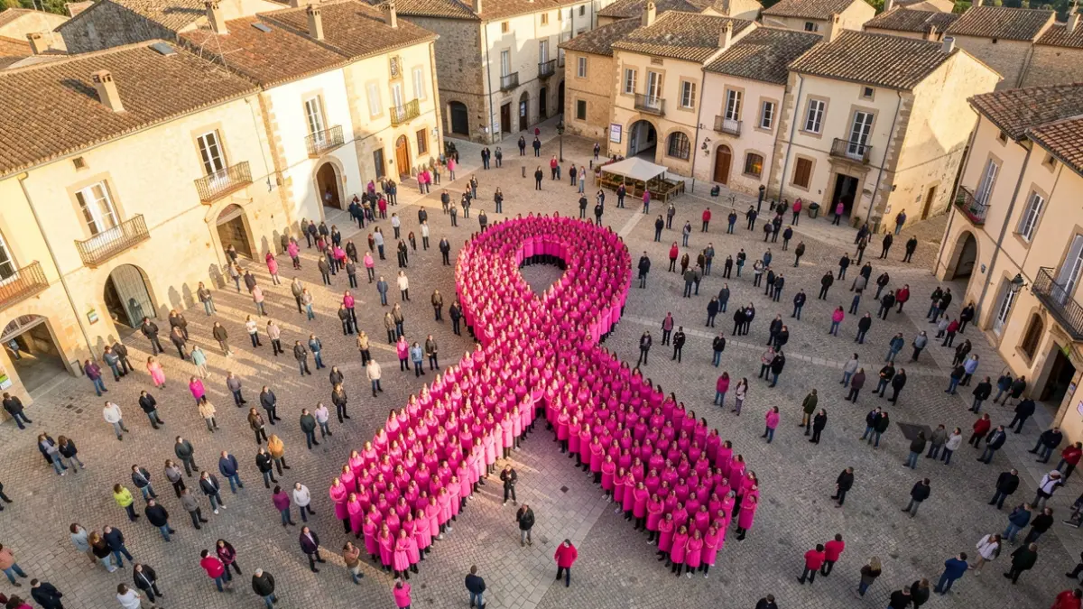 Aerial view of a giant pink ribbon formed by people dressed in pink on a public square in Occitanie, symbolizing solidarity for breast cancer awareness.