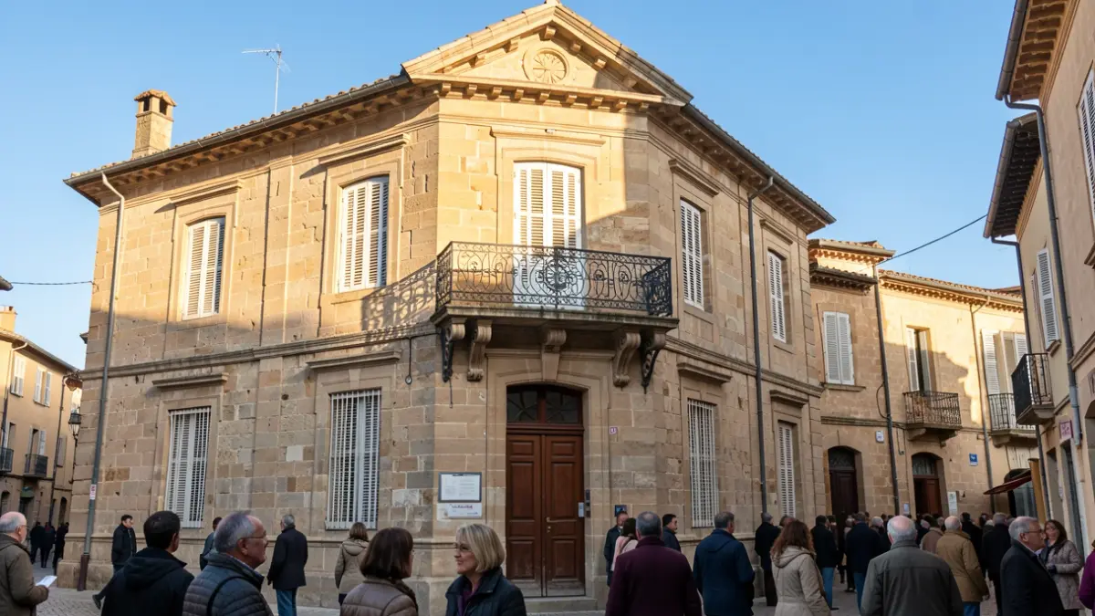 Generic image of the facade of an official building in southern France, with an ornate balcony and a blue sky.