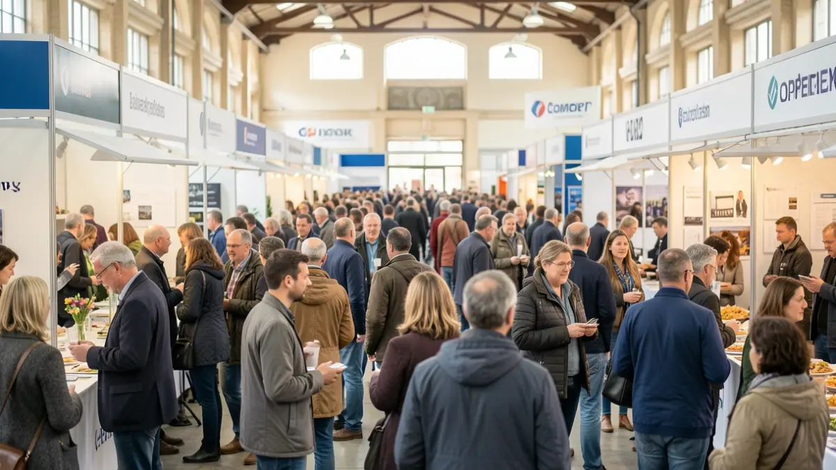 Generic image of a bustling indoor market hall with many people networking and talking, stalls with blurred company logos in the background, bright and hopeful atmosphere.