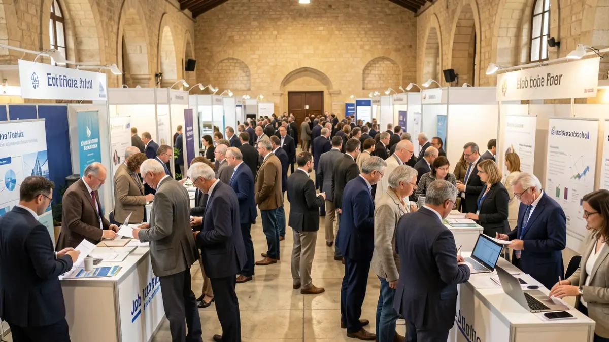 Generic image of a public employment forum with visitors and employer booths.