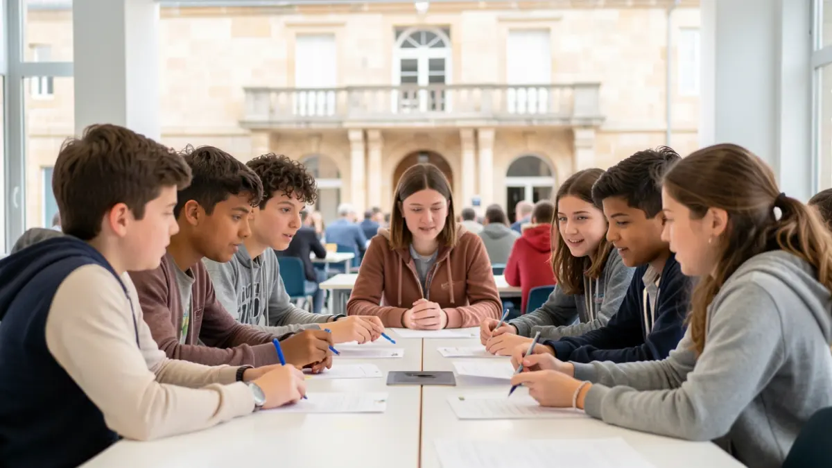 Generic image of young people discussing around a table in a bright meeting room, with a blurred view of a regional-style town hall facade.