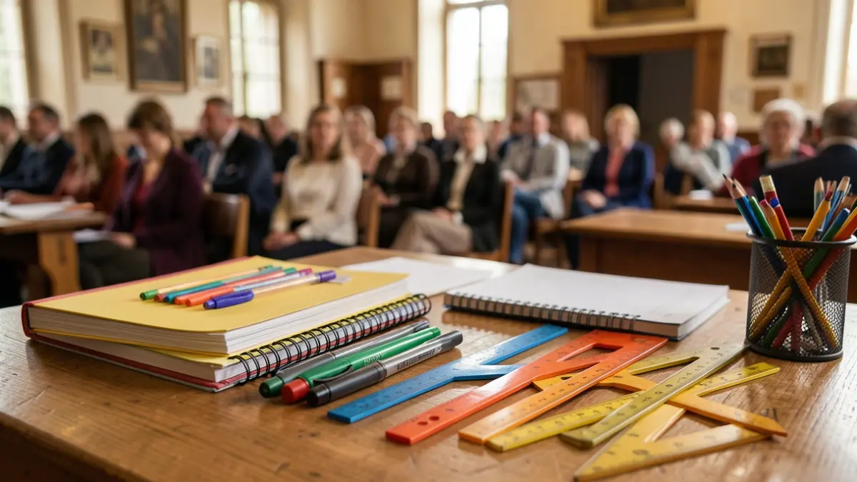 School supplies arranged on a desk.