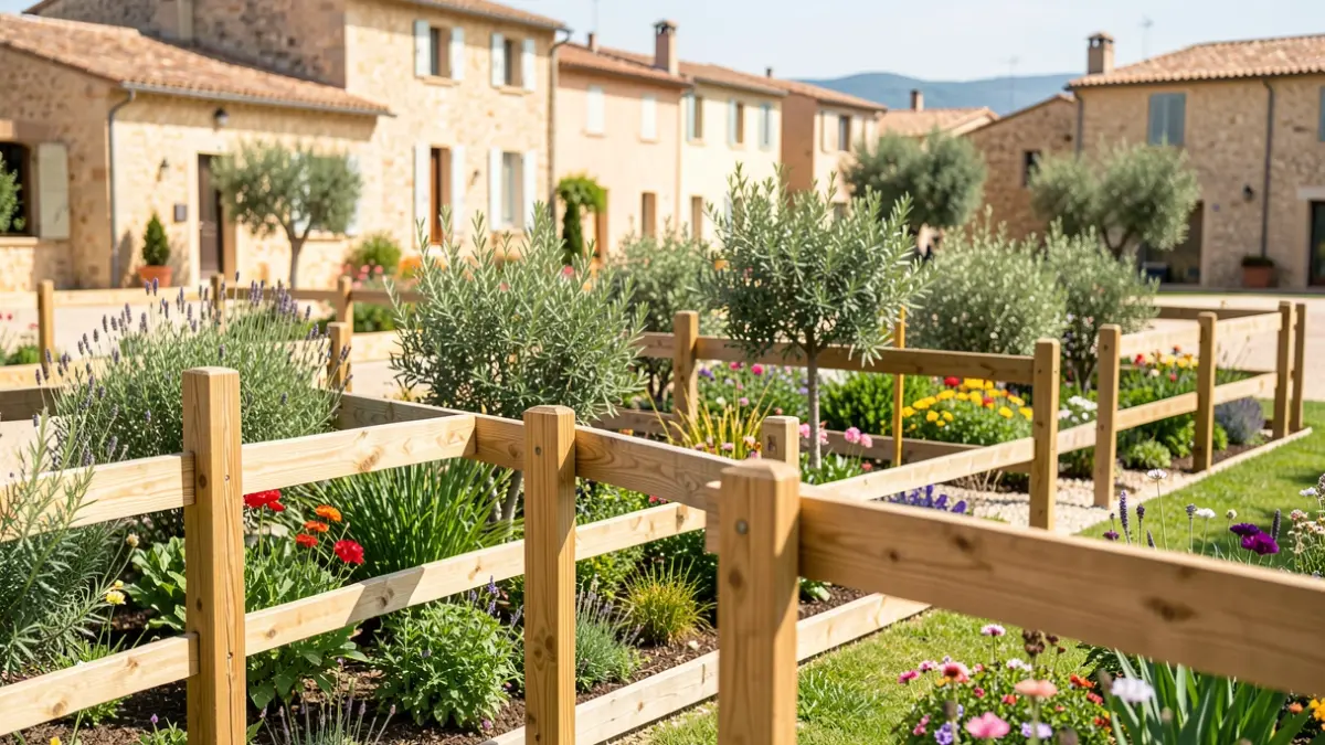 Installation de ganivelles en bois le long d'un boulevard urbain à Frontignan pour embellir les espaces verts.