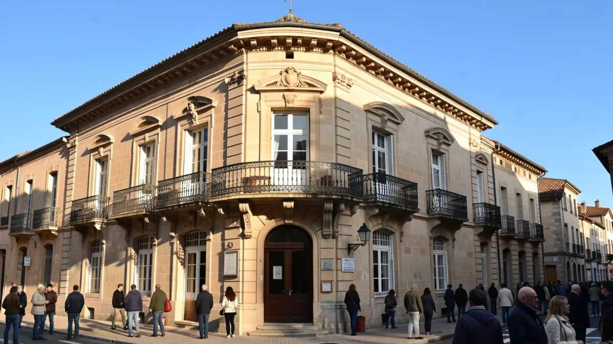 Facade of the Frontignan town hall with ornate balconies and iron railings, warm afternoon sunlight casting shadows on the sandstone walls, blue sky.