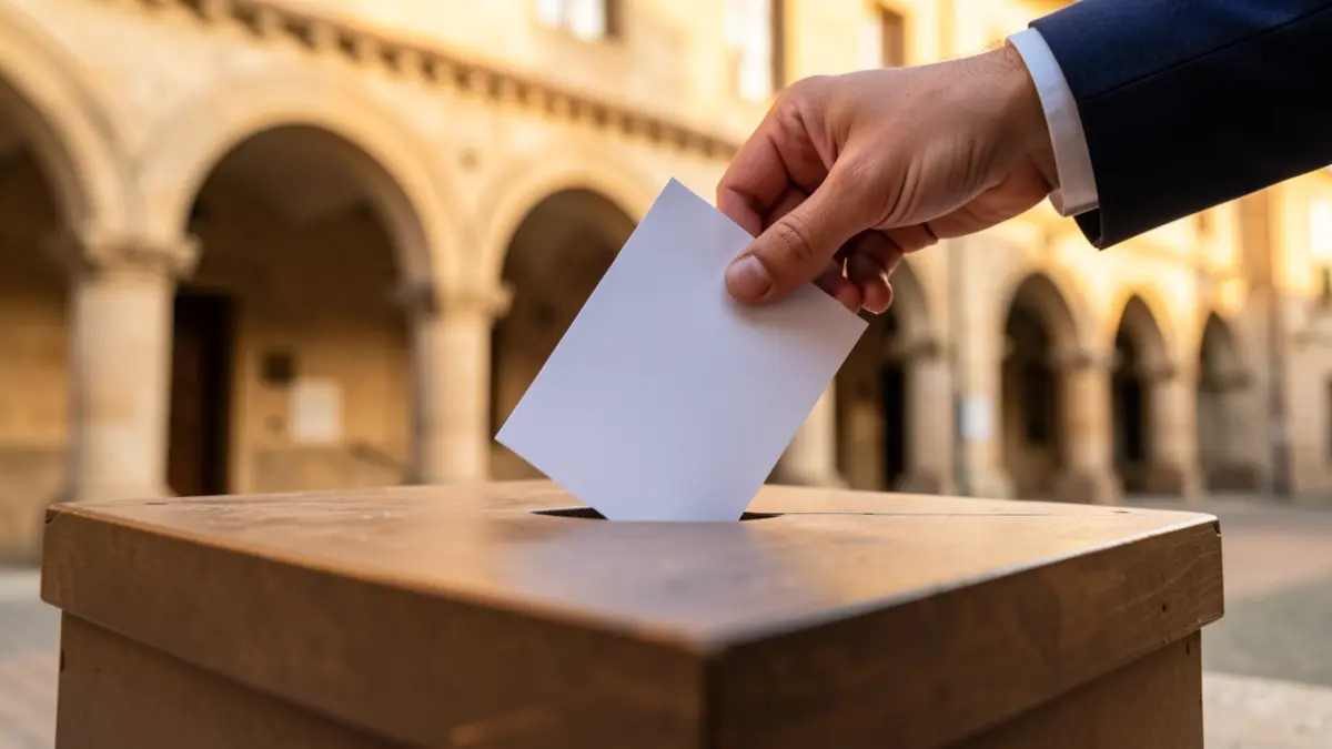 Generic image of a ballot box with a hand dropping a vote, in front of a town hall facade.