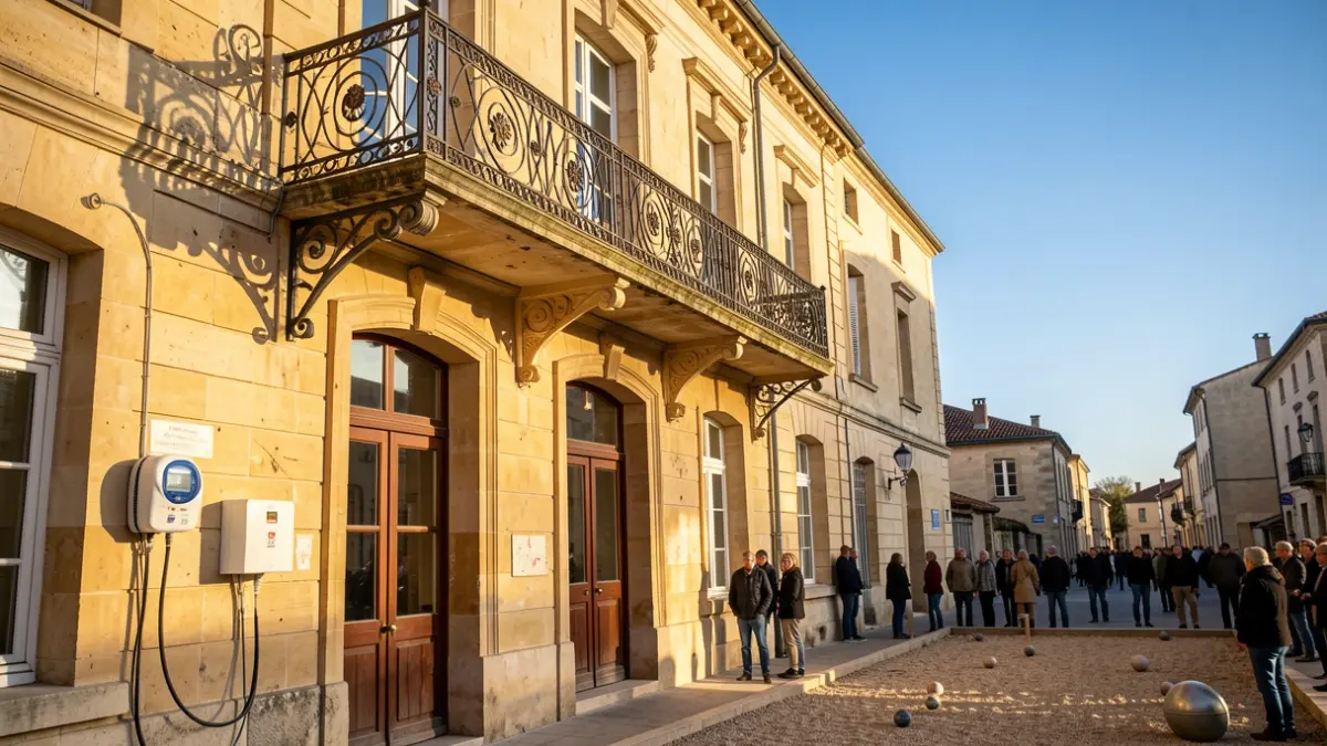 Facade of the Frontignan la Peyrade town hall with an iron balcony, under the afternoon sun. Defibrillator near a pétanque court.
