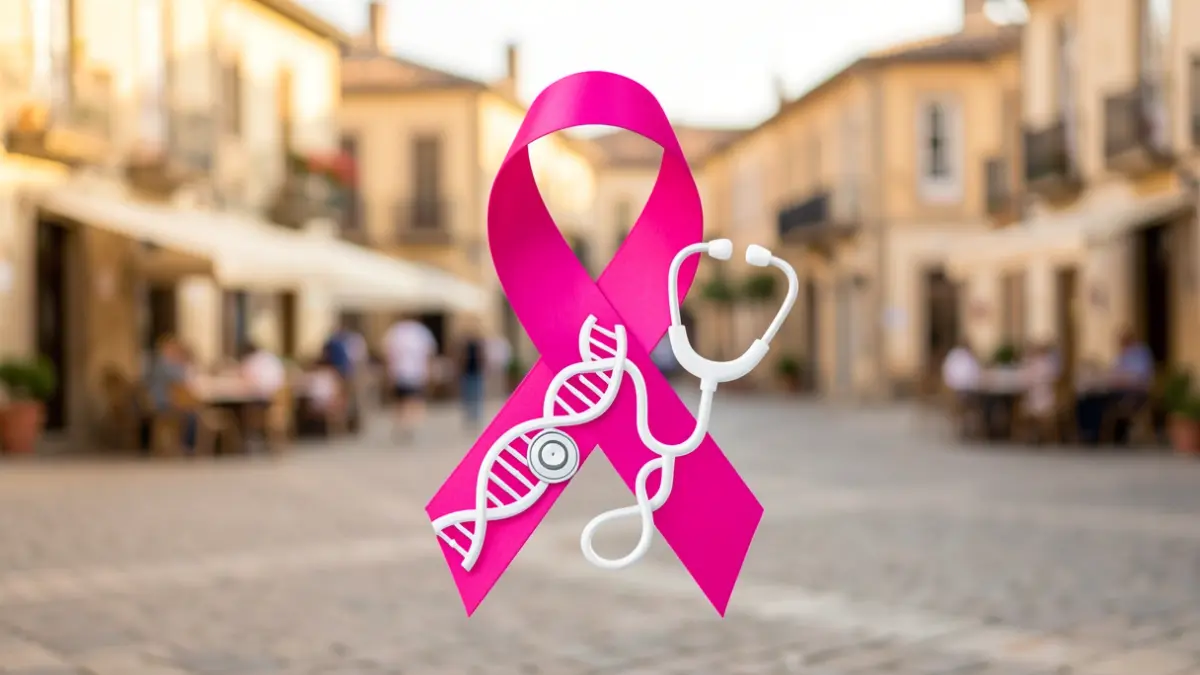 Pink ribbon symbol for October Rose with medical symbols, set against an Occitanie town background.