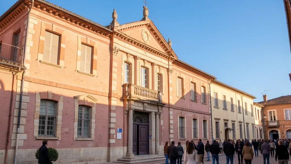 Image générique de la façade de la mairie de Frontignan, un bâtiment de style architectural occitan avec des détails en brique rose et pierre, sous un ciel bleu clair avec une lumière chaude du sud. Aucun texte visible.