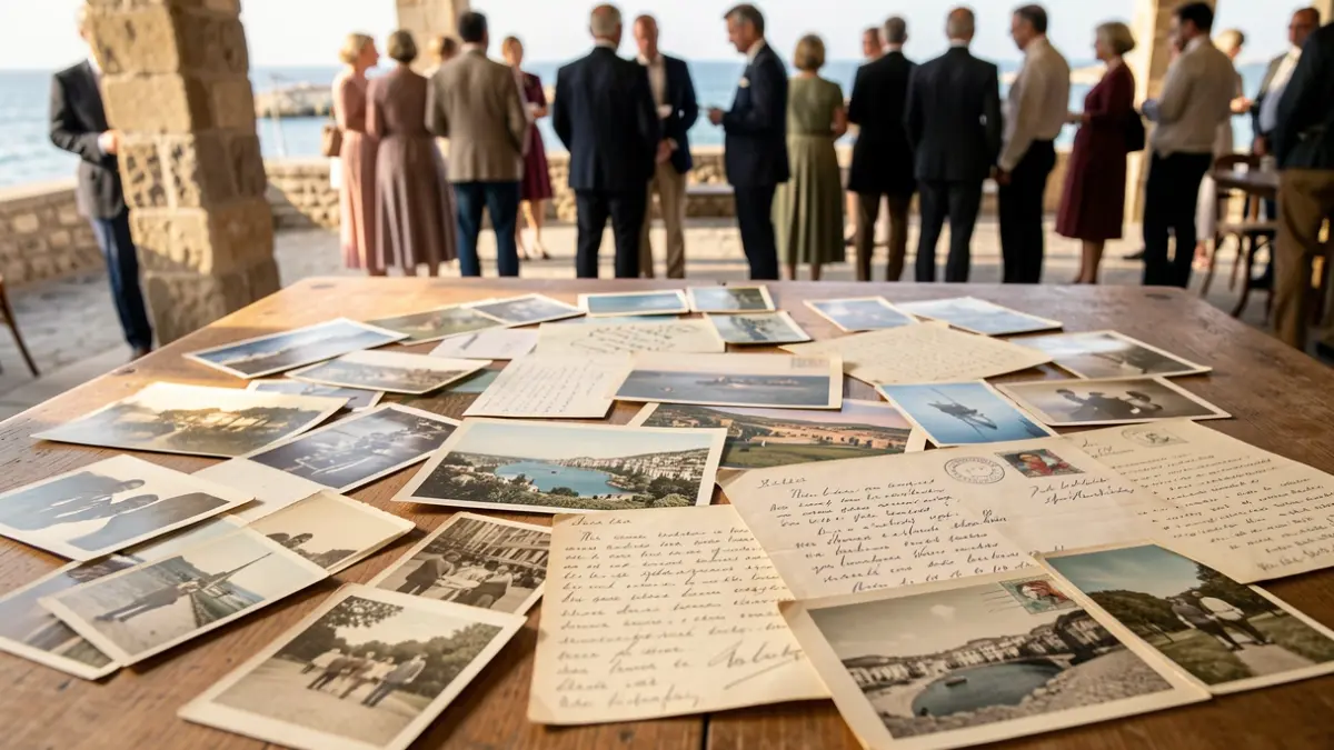 Image générique de vieilles photographies, cartes postales et documents manuscrits étalés sur une table en bois, évoquant des souvenirs d'une ville balnéaire du sud de la France.