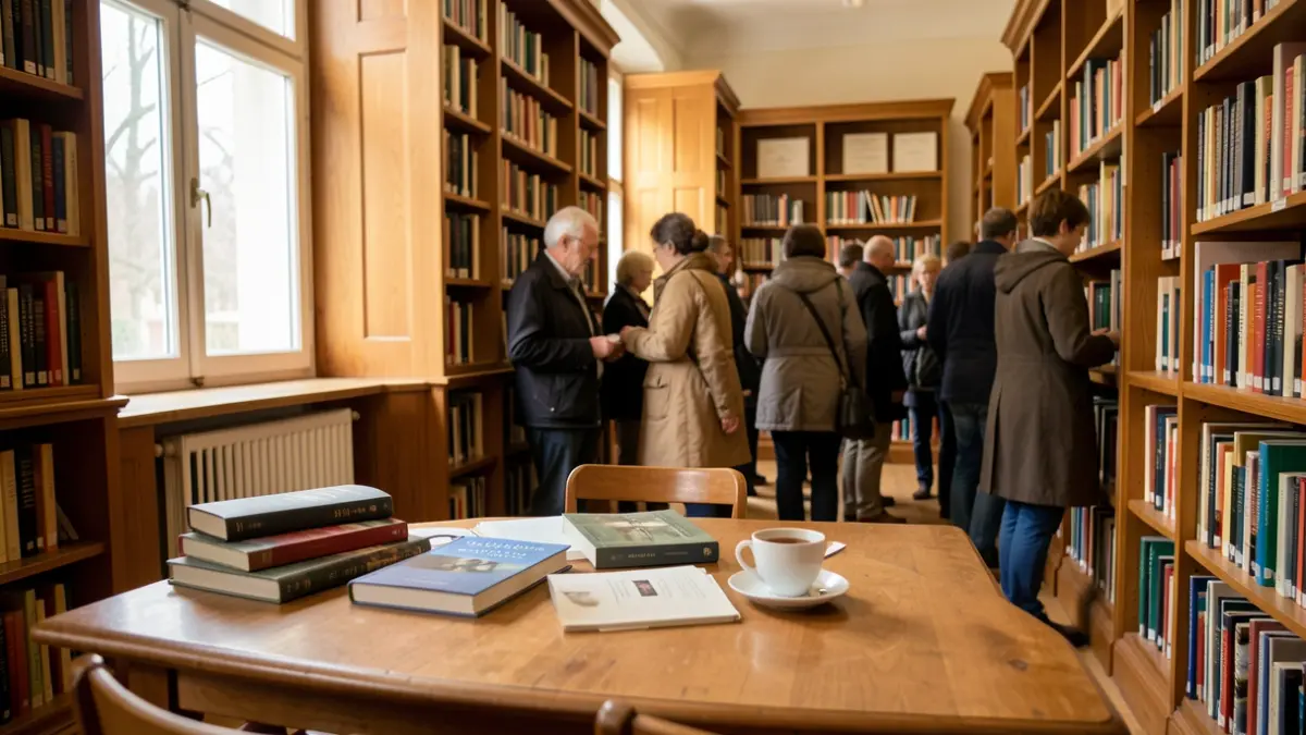 Generic image of a library interior with bookshelves and a table set for a learning activity.